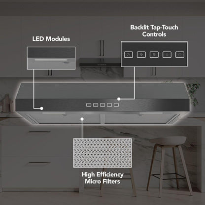 Broan GLA2363BLS Glacier 36-Inch 350 MAX Blower CFM 1.5 Sones Black Stainless Range Hood