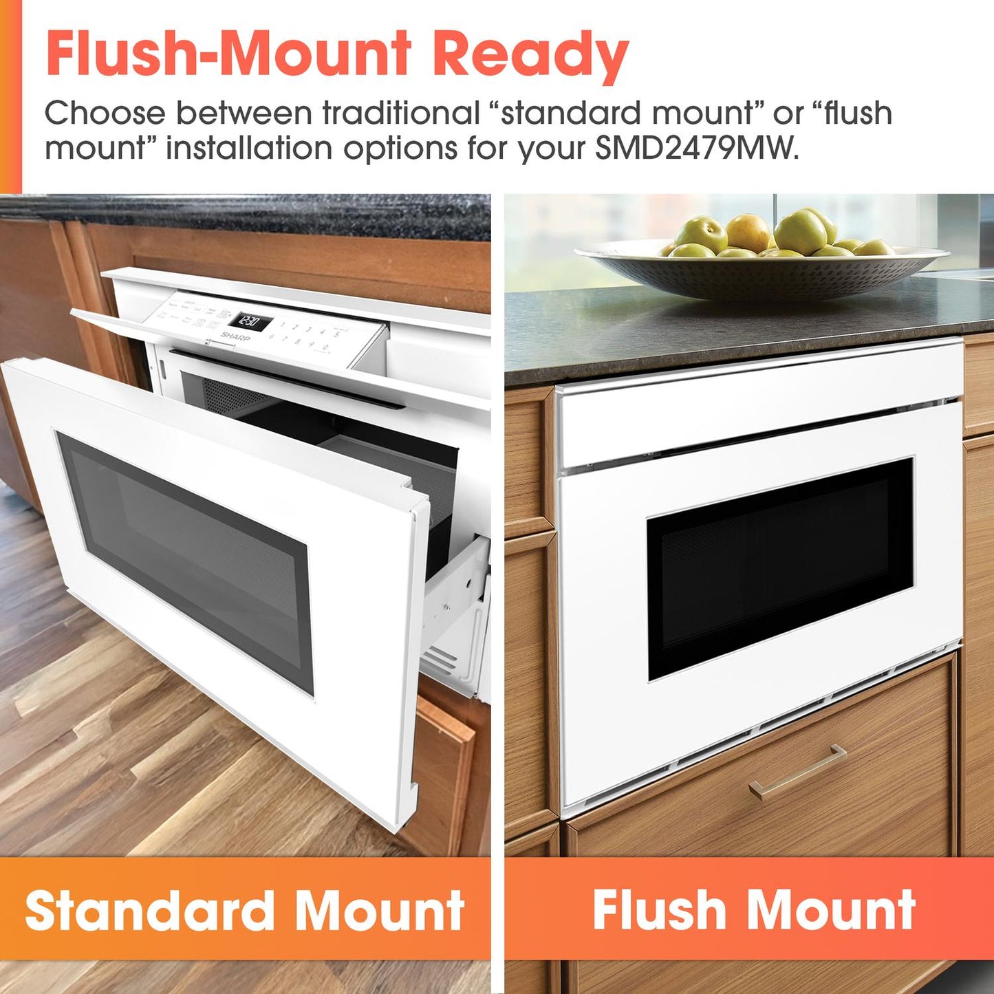 SMD2479MW Sharp 24 in. 1.2 cu. ft. Deco Series Built-In Smart Microwave Drawer™ Oven with Easy Wave Open in White