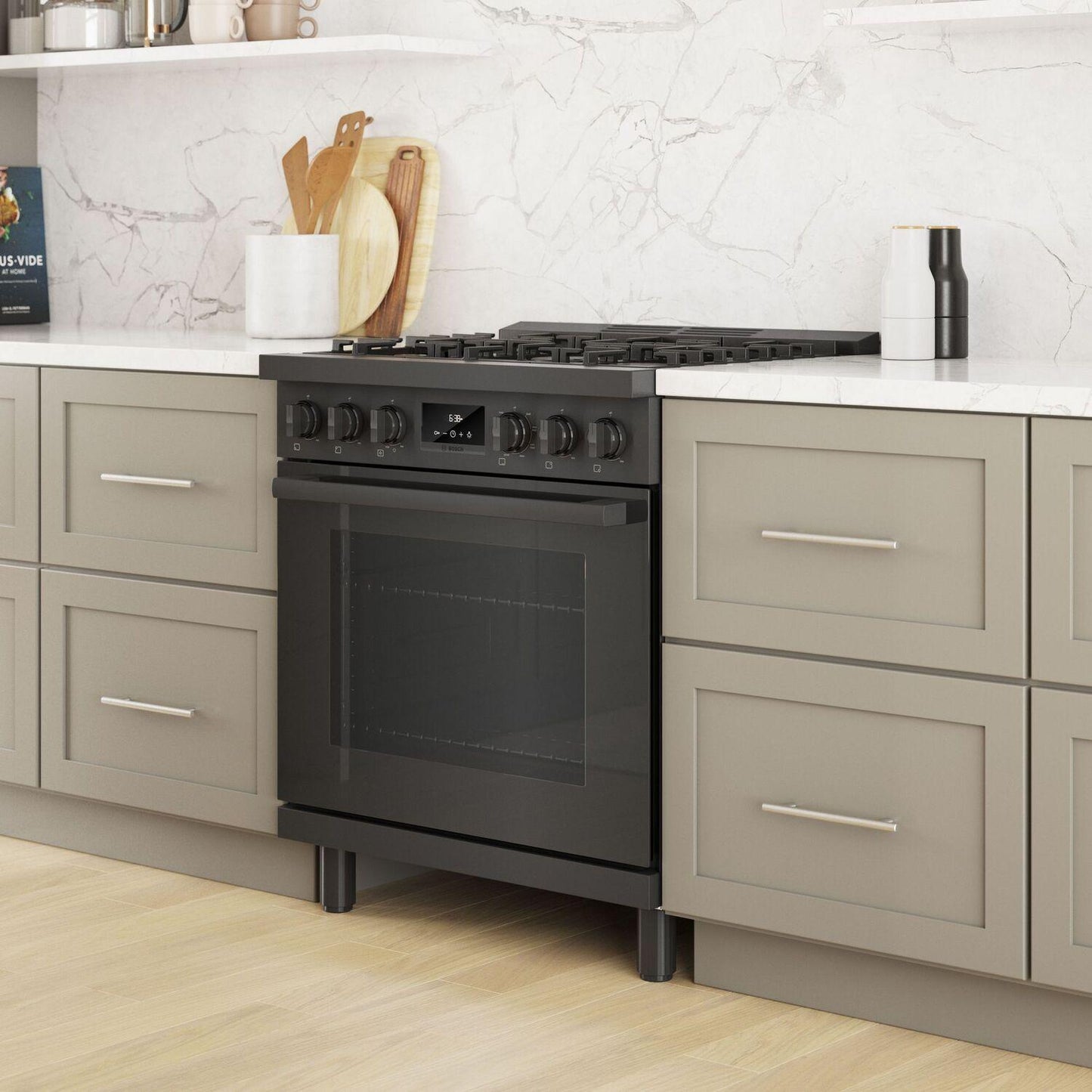 Bosch HDS8045U 800 Series, Dual fuel freestanding range, 30'', Black stainless steel