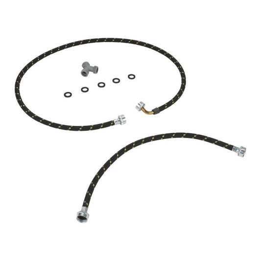 Kitchenaid W10623830 2' and 5' Black braided steam dryer hose kit with 90-degree elbow, Y-connector, and 5 washers - 1 pack