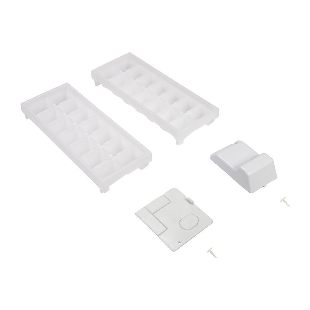 Maytag W11412645 Ice Maker Removal Kit, with (1) plastic closure, (3) hole plugs, (1) evaporator cover, (1) tube fitting cover and (2) ice trays