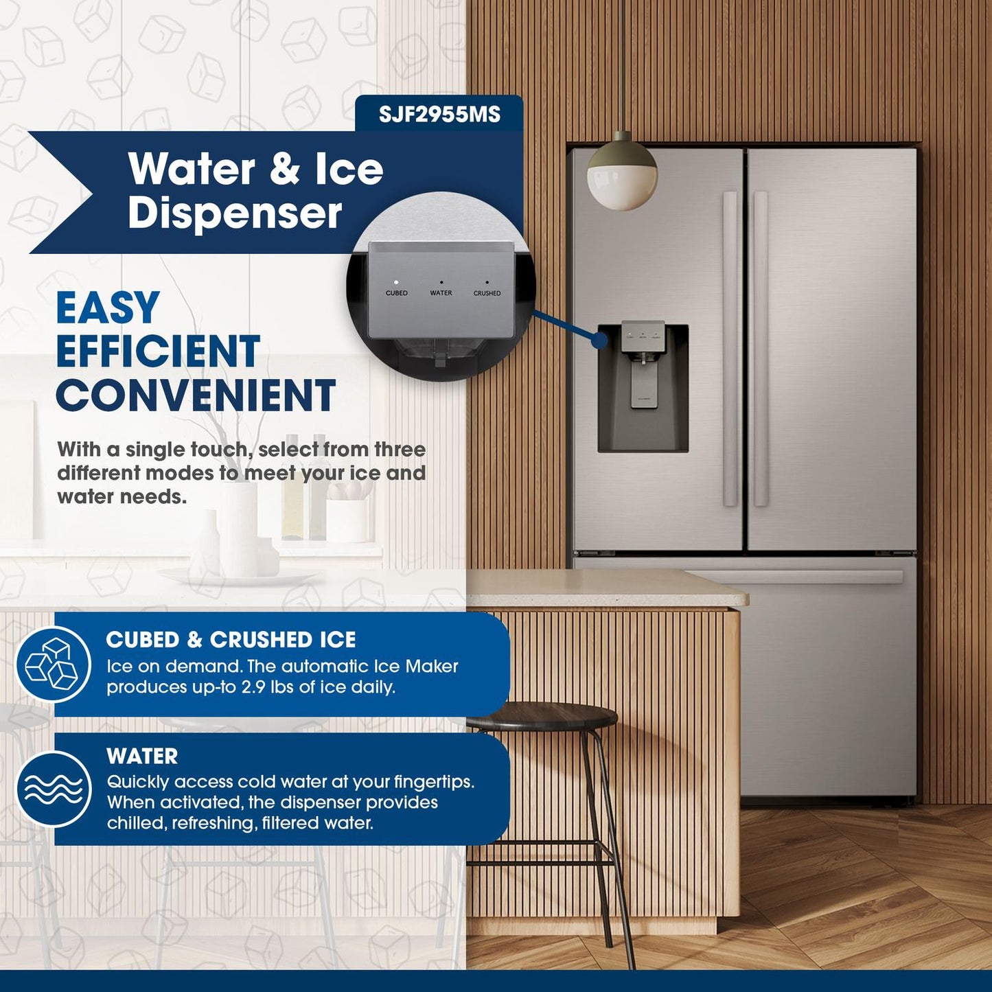 Sharp SJF2955MS 28.9 cu.ft. Standard Depth 36 in. French 3-Door Refrigerator with Water Dispenser in Stainless Steel