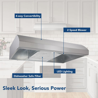 BXT130SS Broan® 30-Inch 4-Way Convertible Under-Cabinet Range Hood, 270 Max CFM, Stainless Steel