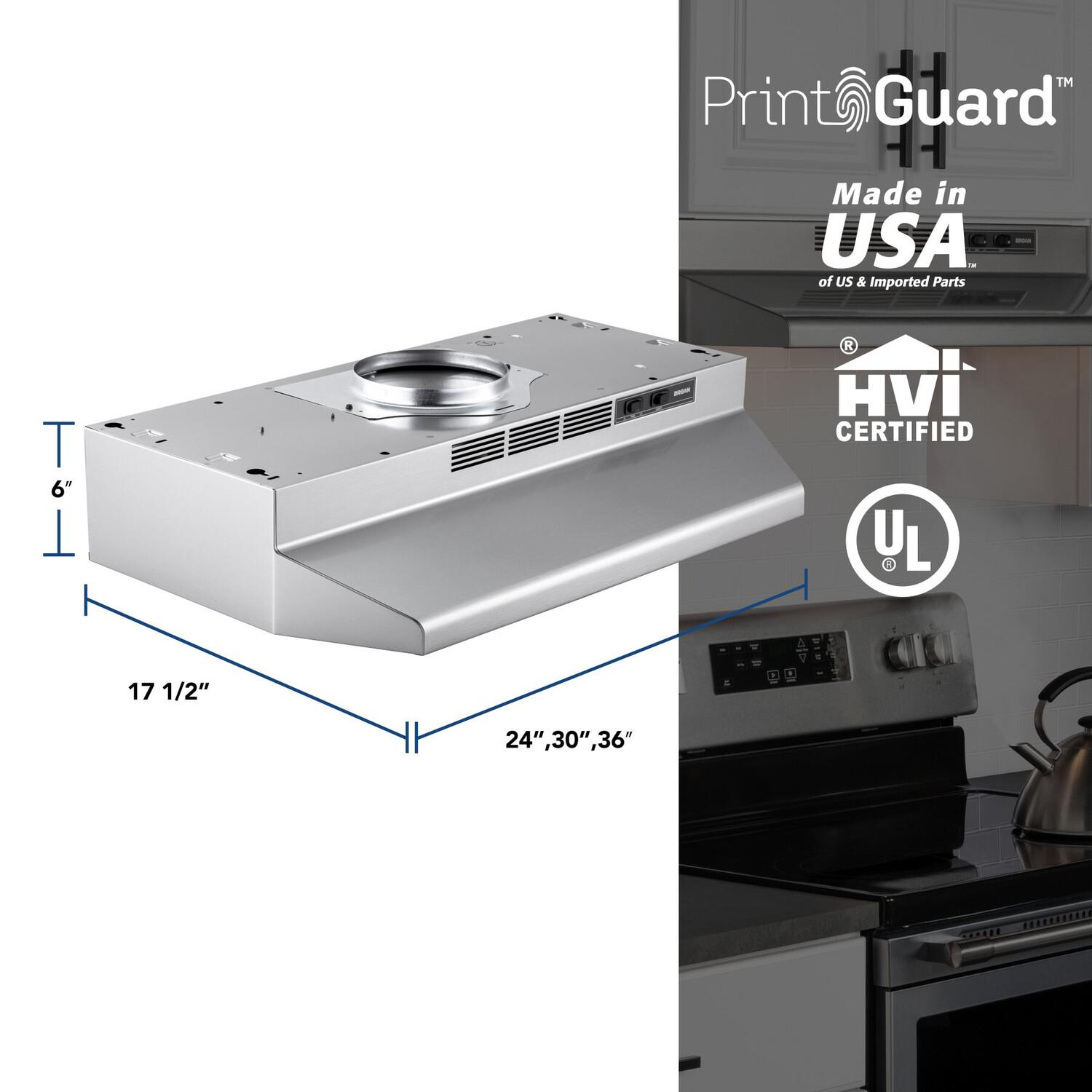 F4030SF Broan® 30-Inch Convertible Under-Cabinet Range Hood, Stainless Finish with PrintGuard, 230 MAX Blower CFM