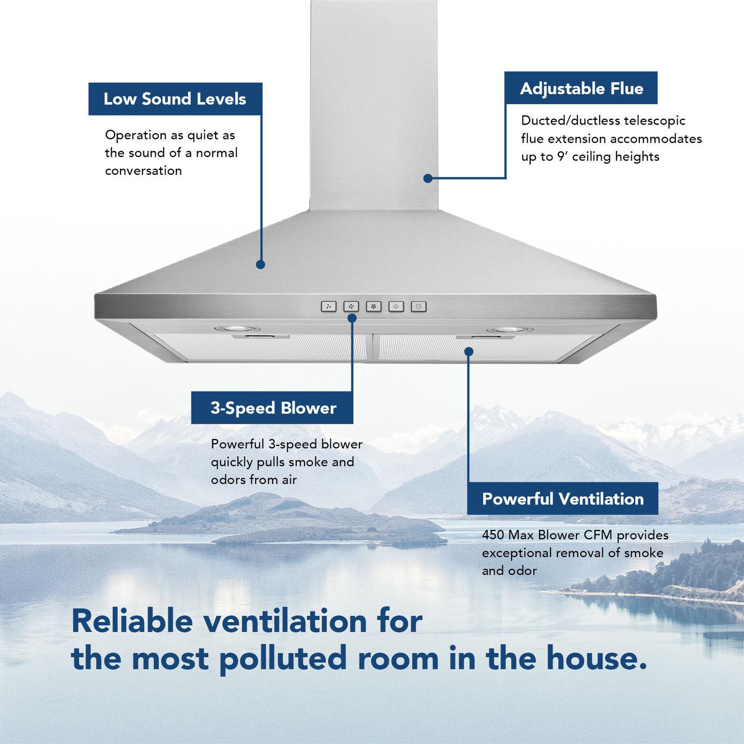 Broan® 30-Inch Convertible Wall-Mount Pyramidal Chimney Range Hood, 450 Max CFM, Stainless Steel