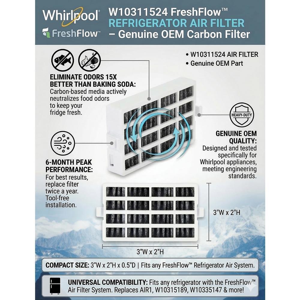 Kitchenaid W10311524 Freshflow Air Filter Cartridge for Refrigerators - 15X More Powerful than Baking Soda at Reducing Common Food Odors