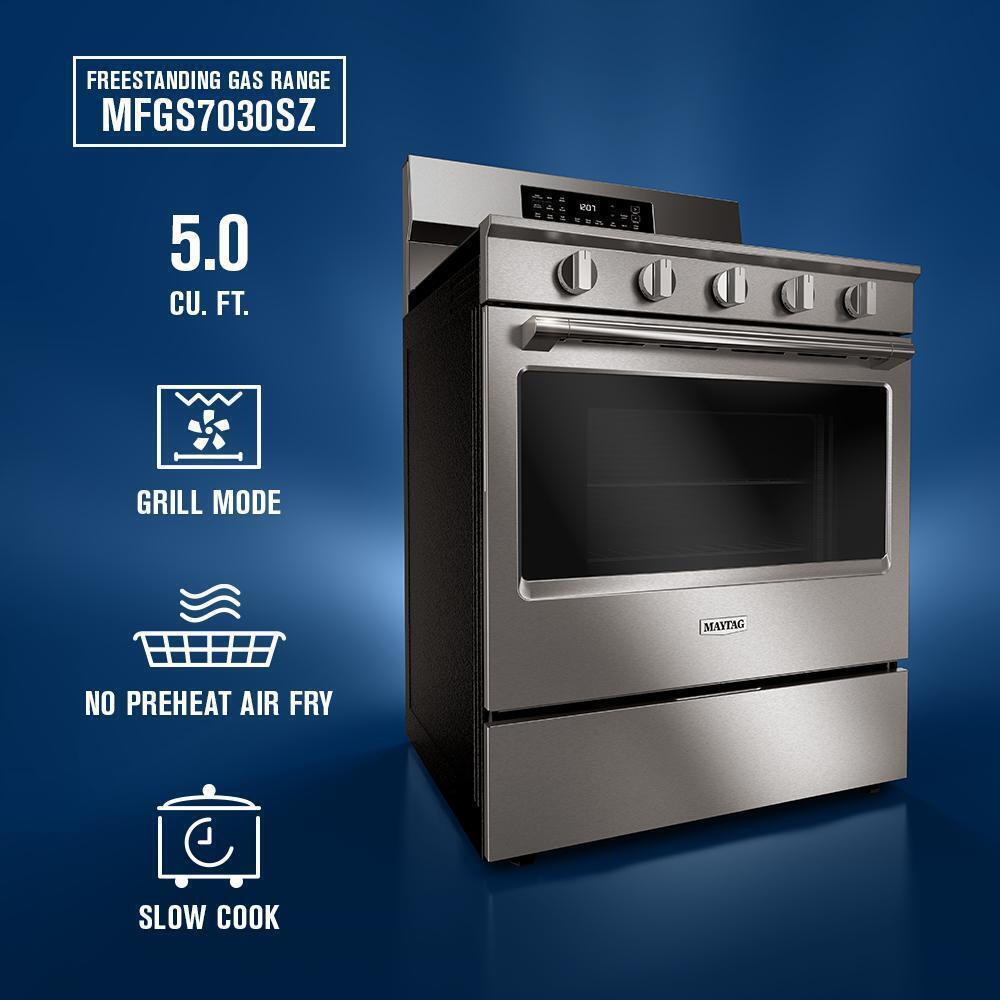 Maytag MFGS7030SZ 30-Inch Wide Freestanding Gas Range with Grill Mode and No Preheat Air Fry - 5.0 Cu. Ft.