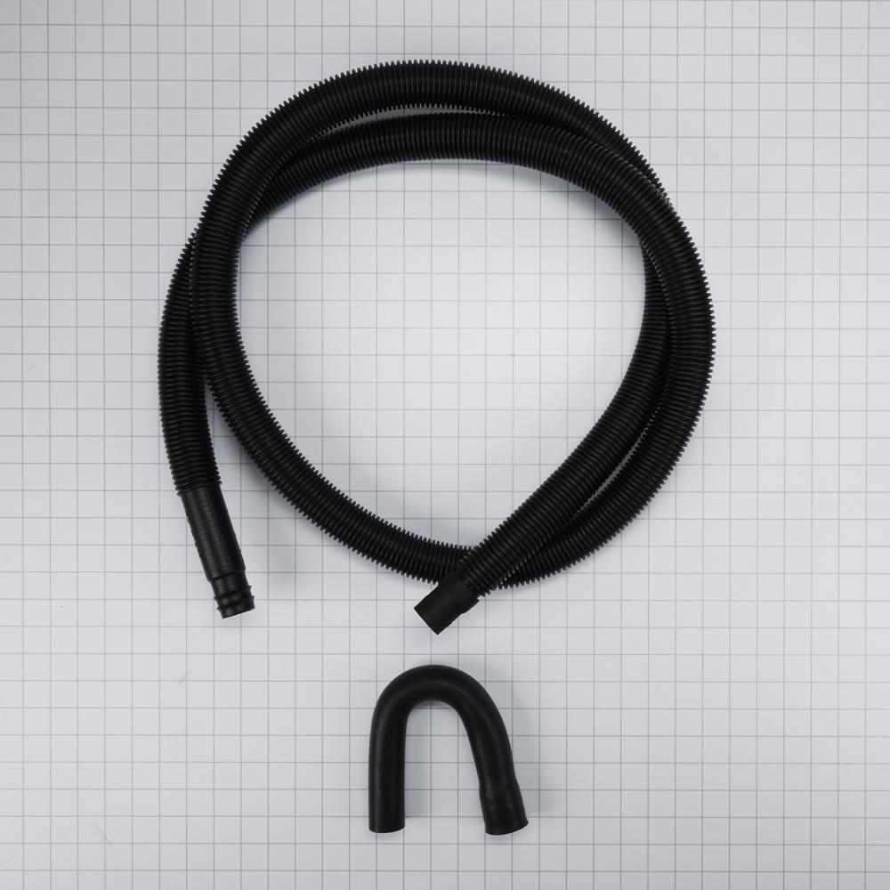 Kitchenaid 285666 8' Black washer drain hose with molded and straight plastic fittings, U-shape rubber nozzle, and spring clamp - 1 pack