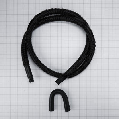 Maytag 285666 8' Black washer drain hose with molded and straight plastic fittings, U-shape rubber nozzle, and spring clamp - 1 pack