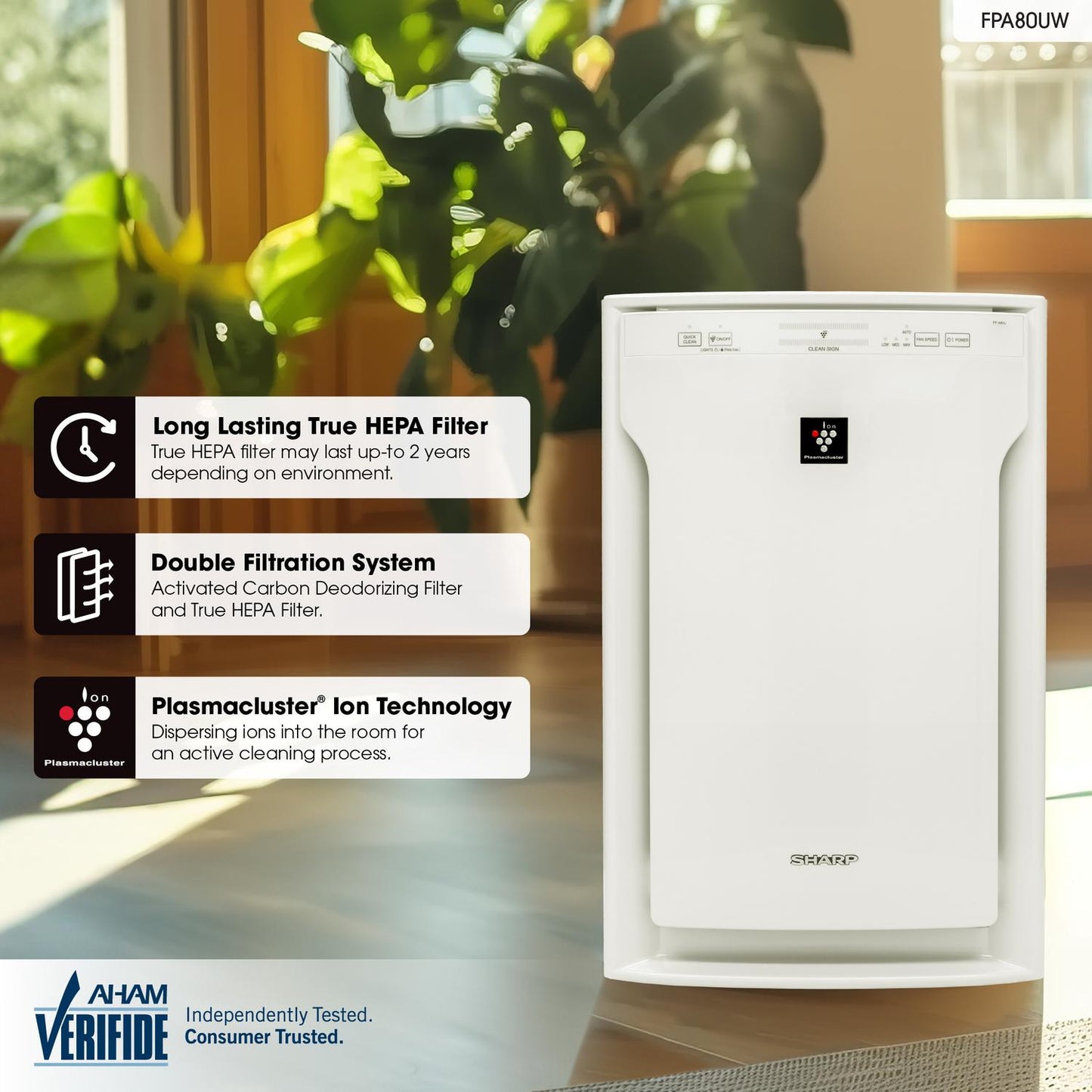 FPA80UW Sharp Plasmacluster Ion Air Purifier with True HEPA for Large Rooms