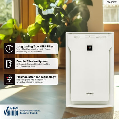 FPA80UW Sharp Plasmacluster Ion Air Purifier with True HEPA for Large Rooms