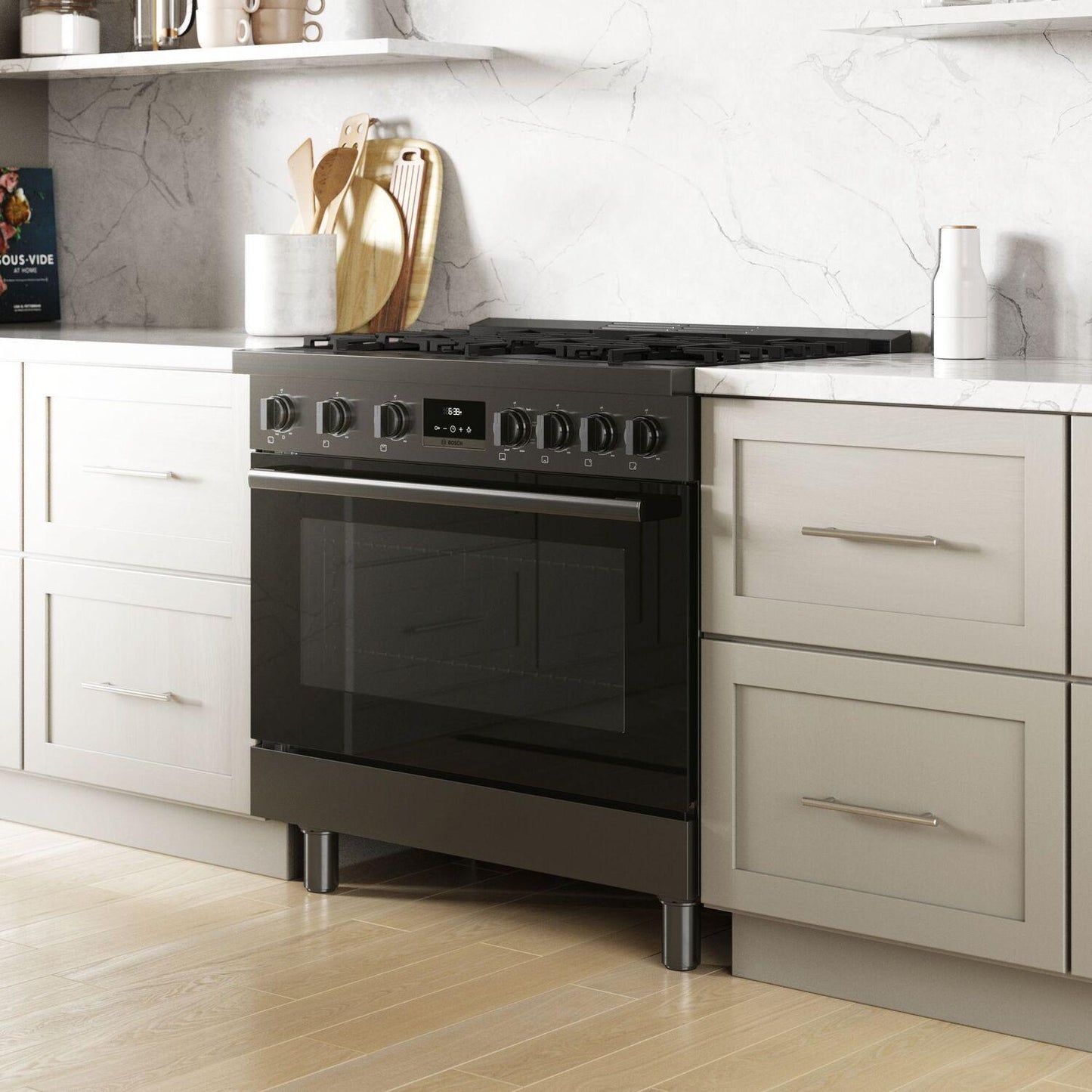 Bosch HDS8645U 800 Series, Dual fuel freestanding range, 36'', Black stainless steel
