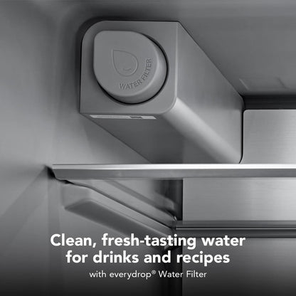 Kitchenaid KRFF436SPL 30 Cu. Ft. 36-Inch French Door Refrigerator with Exterior Water and Ice Dispenser and Wood-Look Sliding Tray in Porcelain White