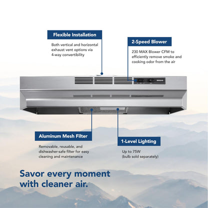 F4030SF Broan® 30-Inch Convertible Under-Cabinet Range Hood, Stainless Finish with PrintGuard, 230 MAX Blower CFM