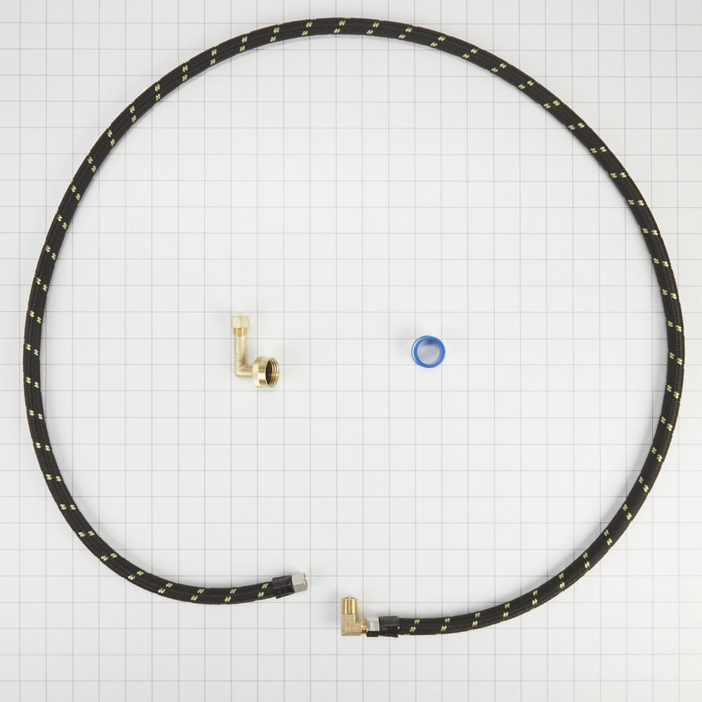 Kitchenaid W10278636RC Dishwasher Water Line Installation Kit with 6' braided hose, 3/8" comp x 3/8" NPT male elbow fitting, 3/4" NH x 3/8" comp gooseneck fitting with EPDM washer, teflon tape, and instructions