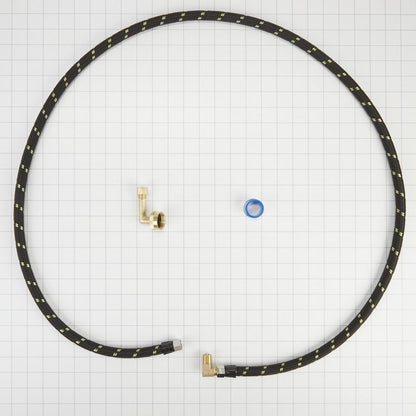 Kitchenaid W10278636RC Dishwasher Water Line Installation Kit with 6' braided hose, 3/8" comp x 3/8" NPT male elbow fitting, 3/4" NH x 3/8" comp gooseneck fitting with EPDM washer, teflon tape, and instructions