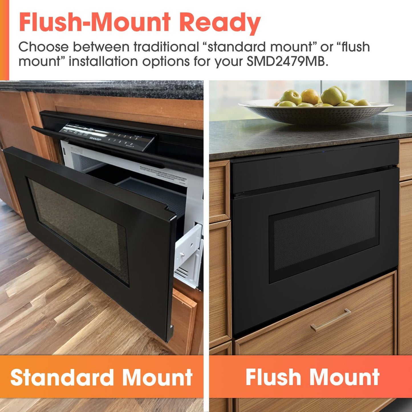 SMD2479MB Sharp 24 in. 1.2 cu. ft. Deco Series Built-In Smart Microwave Drawer™ Oven with Easy Wave Open in Black