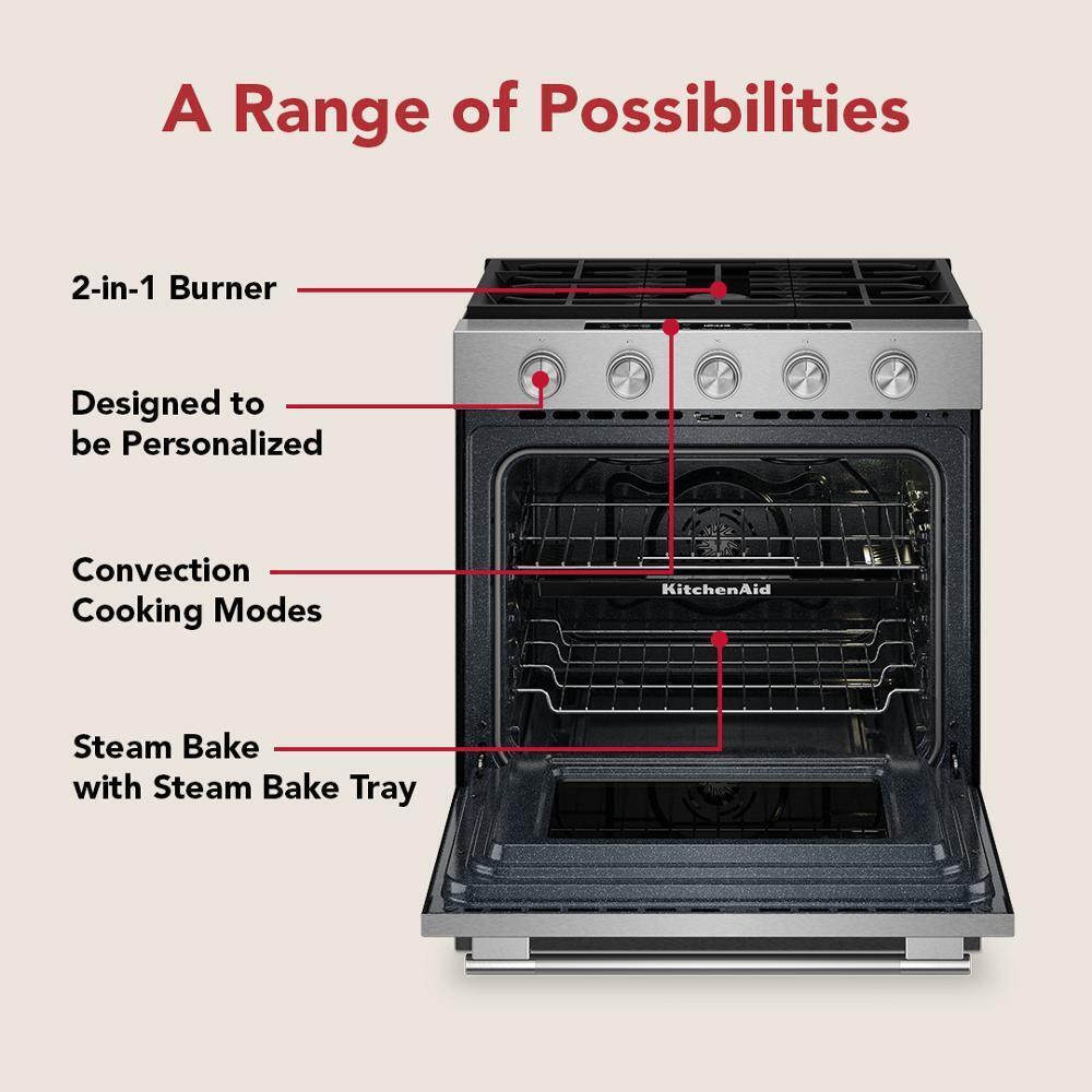 Kitchenaid KSGS530SPS 5.0 Cu. Ft. Smart Slide-in Gas Range with Convection Cooking Modes and 2-in-1 Burner