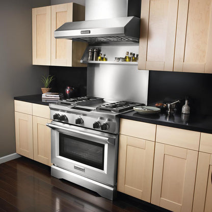 Maytag W10225949 Stainless Steel Backsplash with Dual Position Shelf, measures 36" W x 22" H - for 36" Range or Cooktop