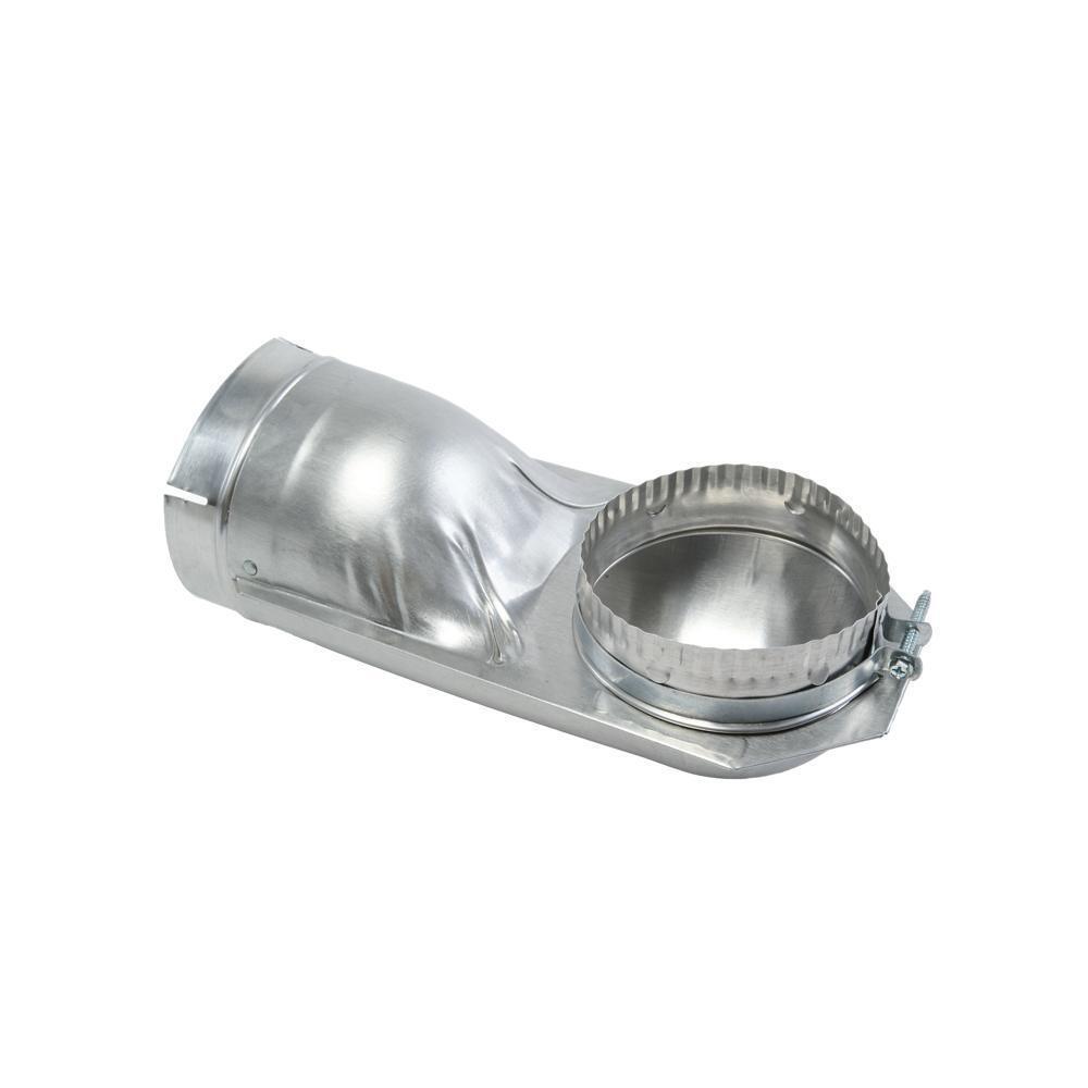 Maytag 4396005 4.5" Silver Dryer Exhaust Wall Elbow with 90-degree offset, snap-lock fittings, and rotating collars.