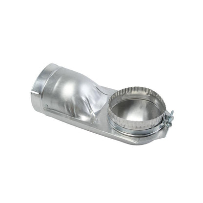 Maytag 4396005 4.5" Silver Dryer Exhaust Wall Elbow with 90-degree offset, snap-lock fittings, and rotating collars.