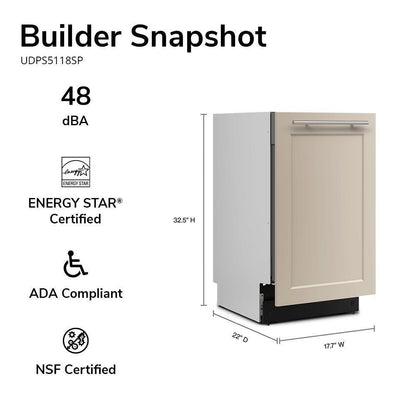Whirlpool UDPS5118SP 18" Panel-Ready Dishwasher with Flush Install - 48 dBA