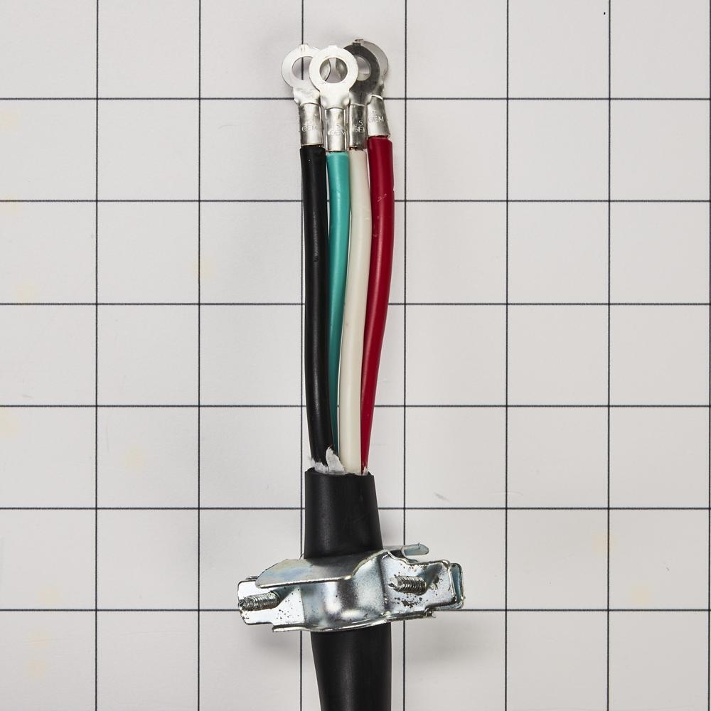 Maytag 8171394RC 4' 4-Wire Range Power Cord, rated 40 A, with 4-wire, 4-ring terminal connectors, and right-angle 4-prong plug