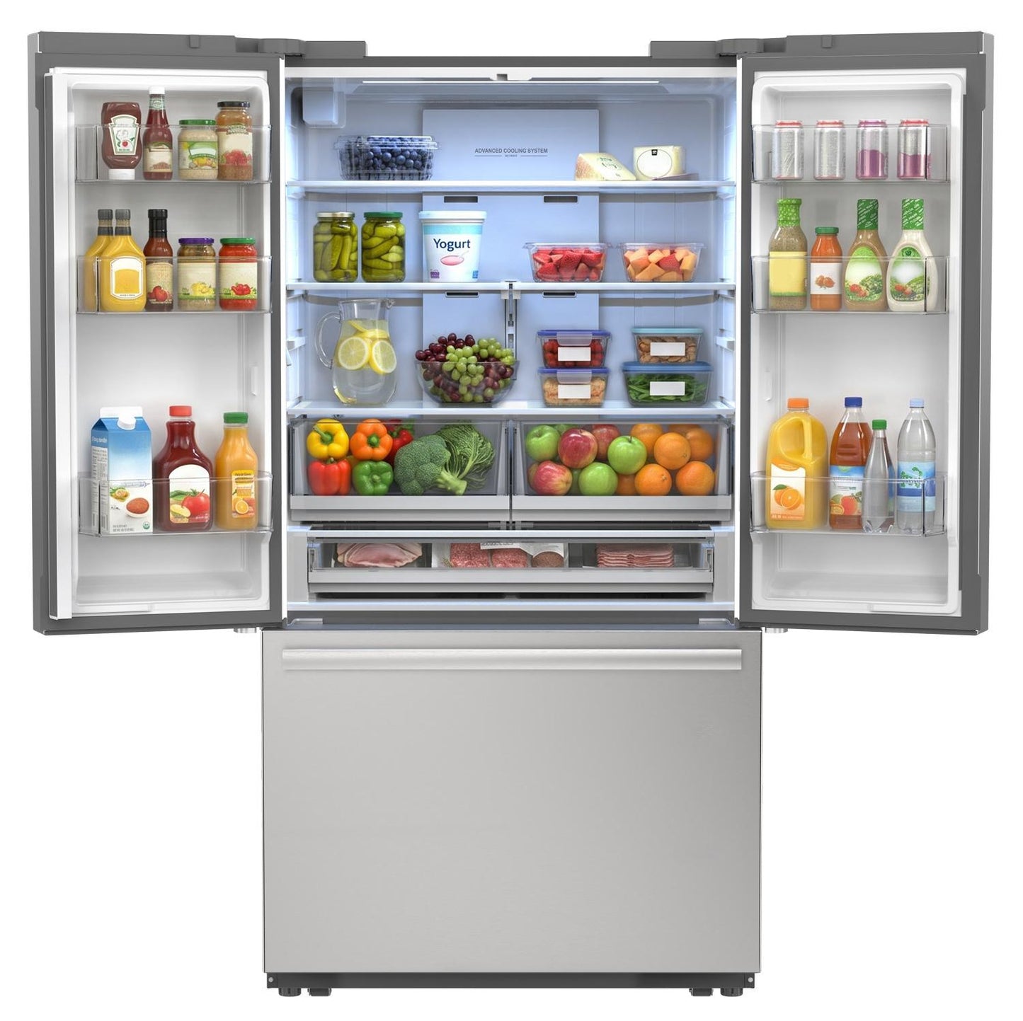 SJF2752MS Sharp 26.5 cu.ft. Counter Depth 36 in. French 3-Door Refrigerator with Internal Water Dispenser in Stainless Steel