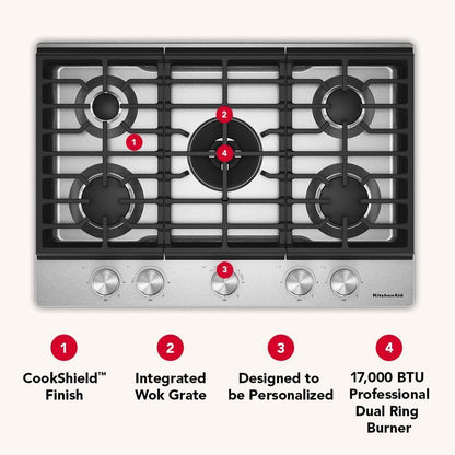 KCGK730SSS KitchenAid® 30 in. Gas Cooktop with 5 Burners and Integrated Wok Grate