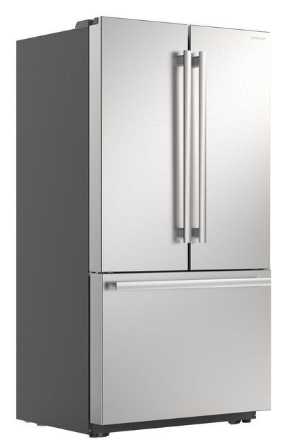 SJF2752MS Sharp 26.5 cu.ft. Counter Depth 36 in. French 3-Door Refrigerator with Internal Water Dispenser in Stainless Steel