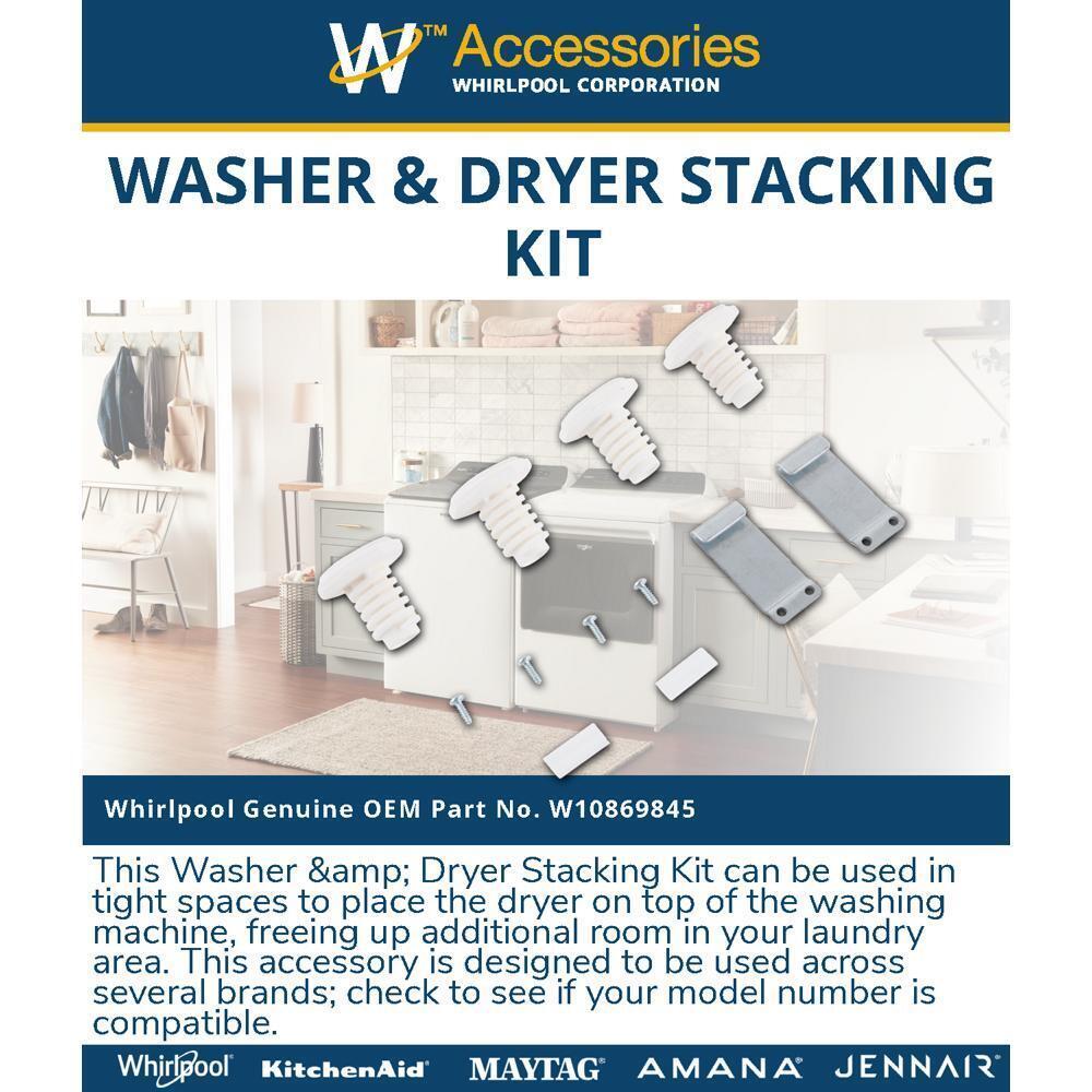 Maytag W10869845 Washer & Dryer Stacking Kit for 27", with hooked galvanized steel brackets, 4 leveling dryer feet, 2 clips, and 4 screws