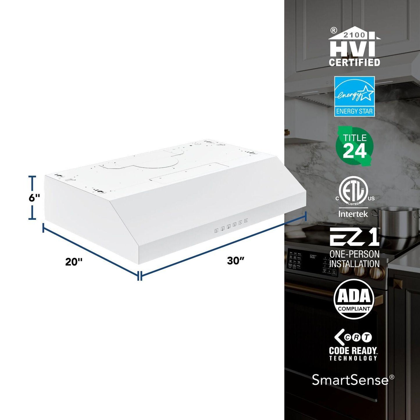 Broan GLA3304WW Glacier 30-Inch 490 MAX Blower CFM 1.0 Sones White Range Hood