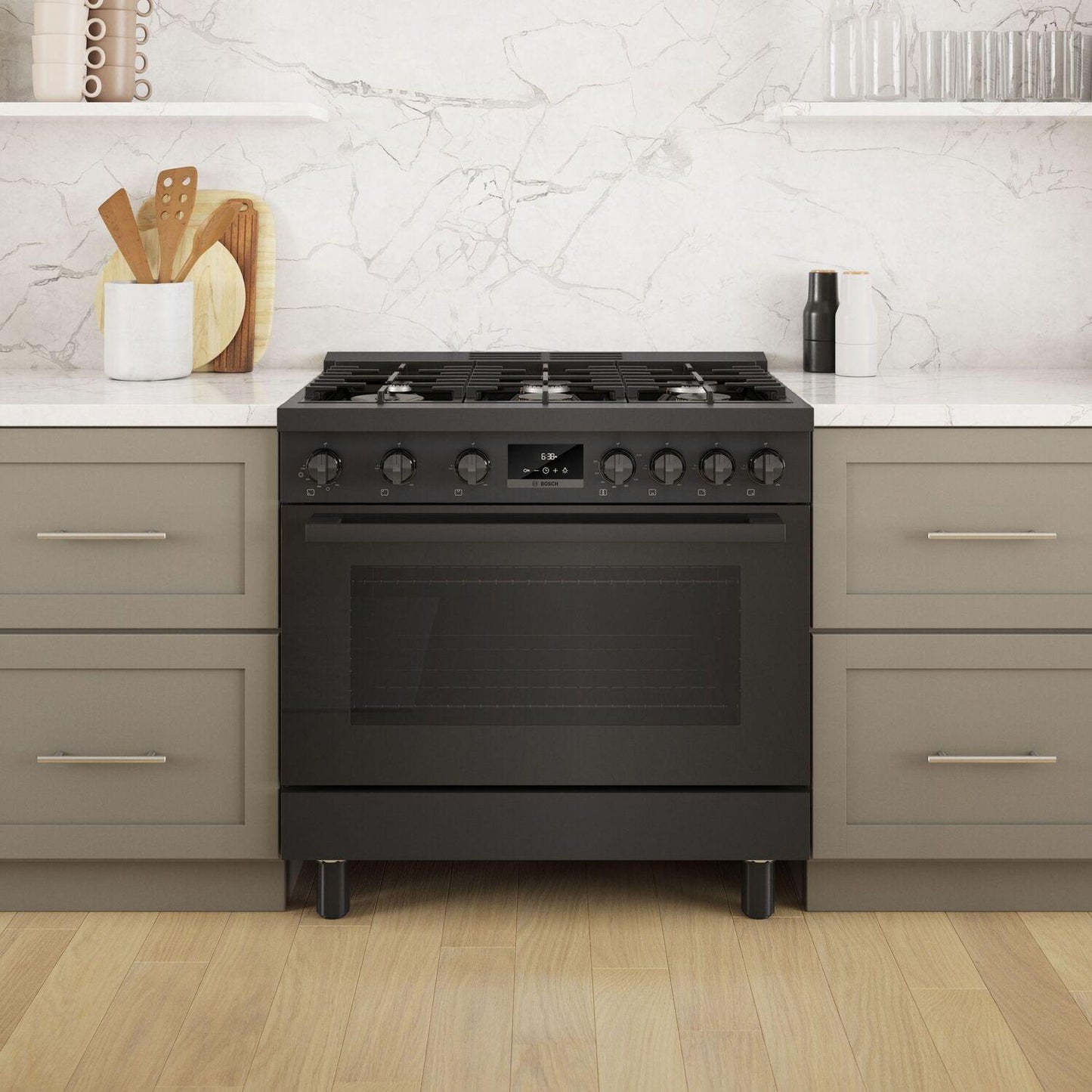 Bosch HDS8645U 800 Series, Dual fuel freestanding range, 36'', Black stainless steel
