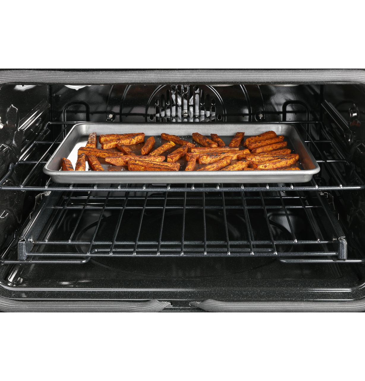 Cafe Caf(eback)™ 30" Smart Slide-In, Front-Control, Gas Range with Convection Oven in Platinum Glass