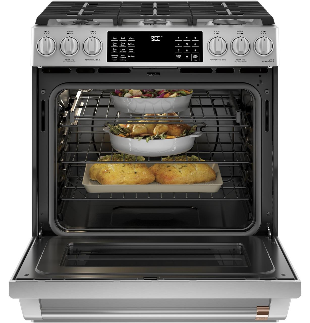 Cafe C2S900P2MS1 CAF(EBACK)™ 30" Smart Slide-In, Front-Control, Dual-Fuel Range with Warming Drawer