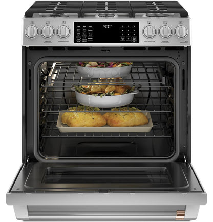 Cafe C2S900P2MS1 CAF(EBACK)™ 30" Smart Slide-In, Front-Control, Dual-Fuel Range with Warming Drawer