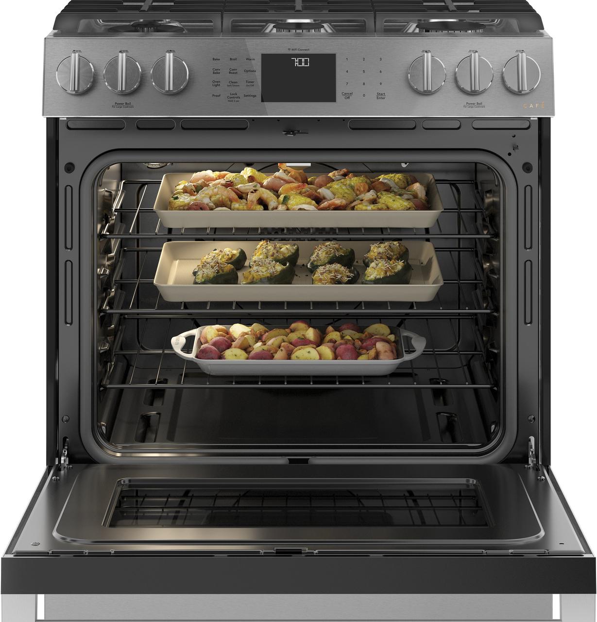 Cafe Caf(eback)™ 30" Smart Slide-In, Front-Control, Gas Range with Convection Oven in Platinum Glass