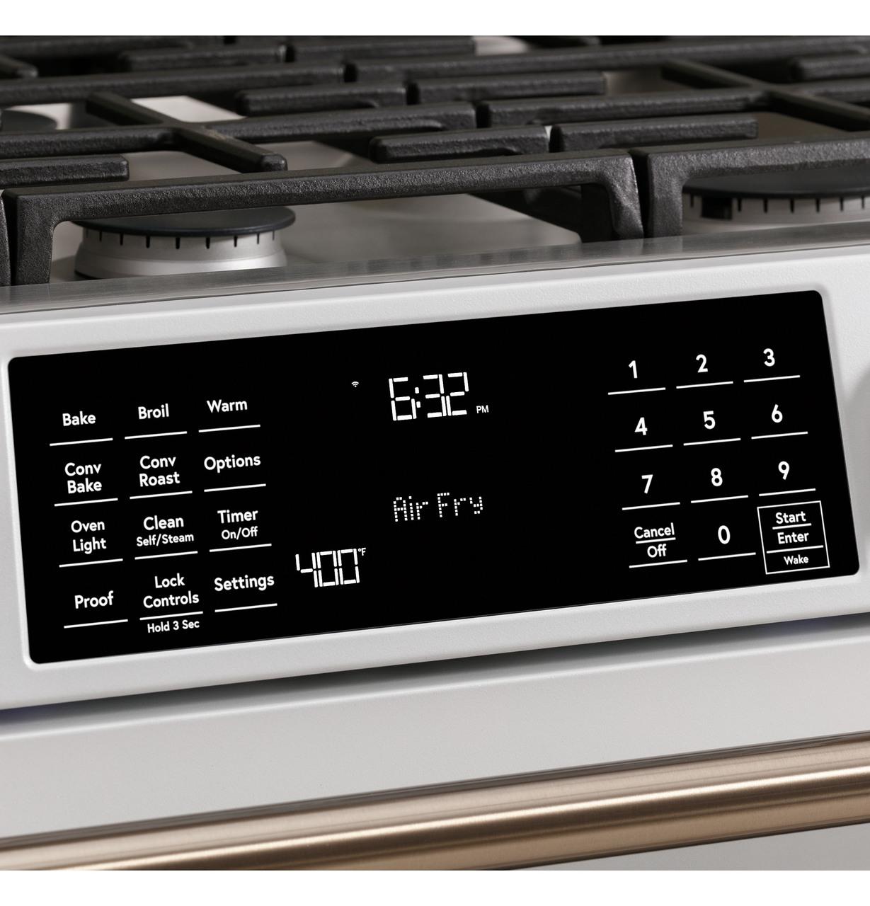 Cafe Caf(eback)™ 30" Smart Slide-In, Front-Control, Gas Range with Convection Oven in Platinum Glass