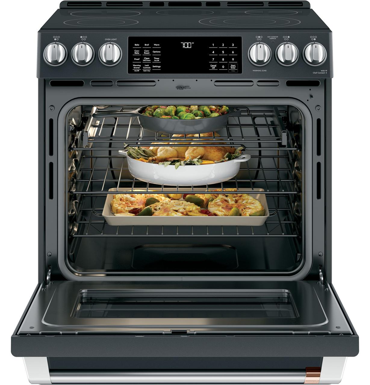 Cafe Caf(eback)™ 30" Smart Slide-In, Front-Control, Radiant and Convection Range