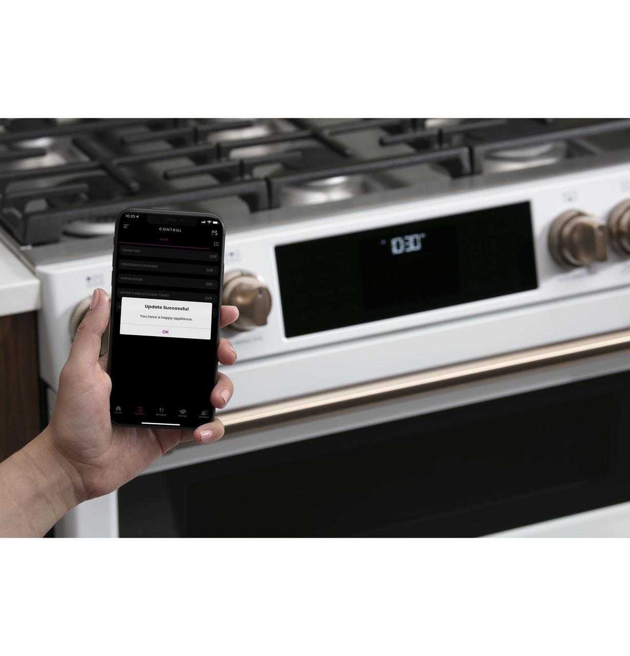 Cafe Caf(eback)™ 30" Smart Slide-In, Front-Control, Gas Double-Oven Range with Convection