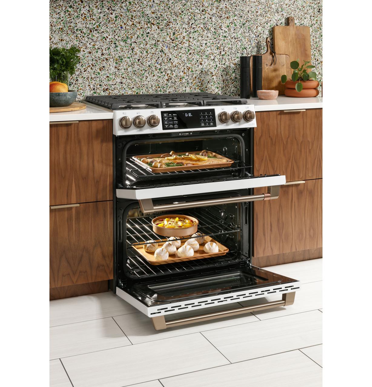 Cafe Caf(eback)™ 30" Smart Slide-In, Front-Control, Gas Double-Oven Range with Convection