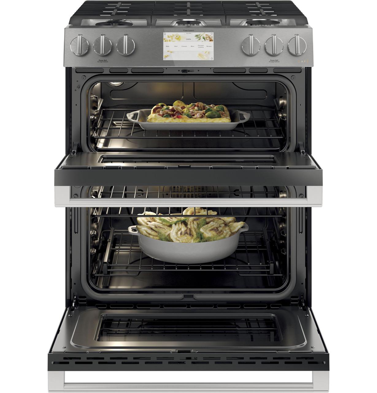 Caf(eback)™ 30" Smart Slide-In, Front-Control, Dual-Fuel, Double-Oven Range with Convection in Platinum Glass