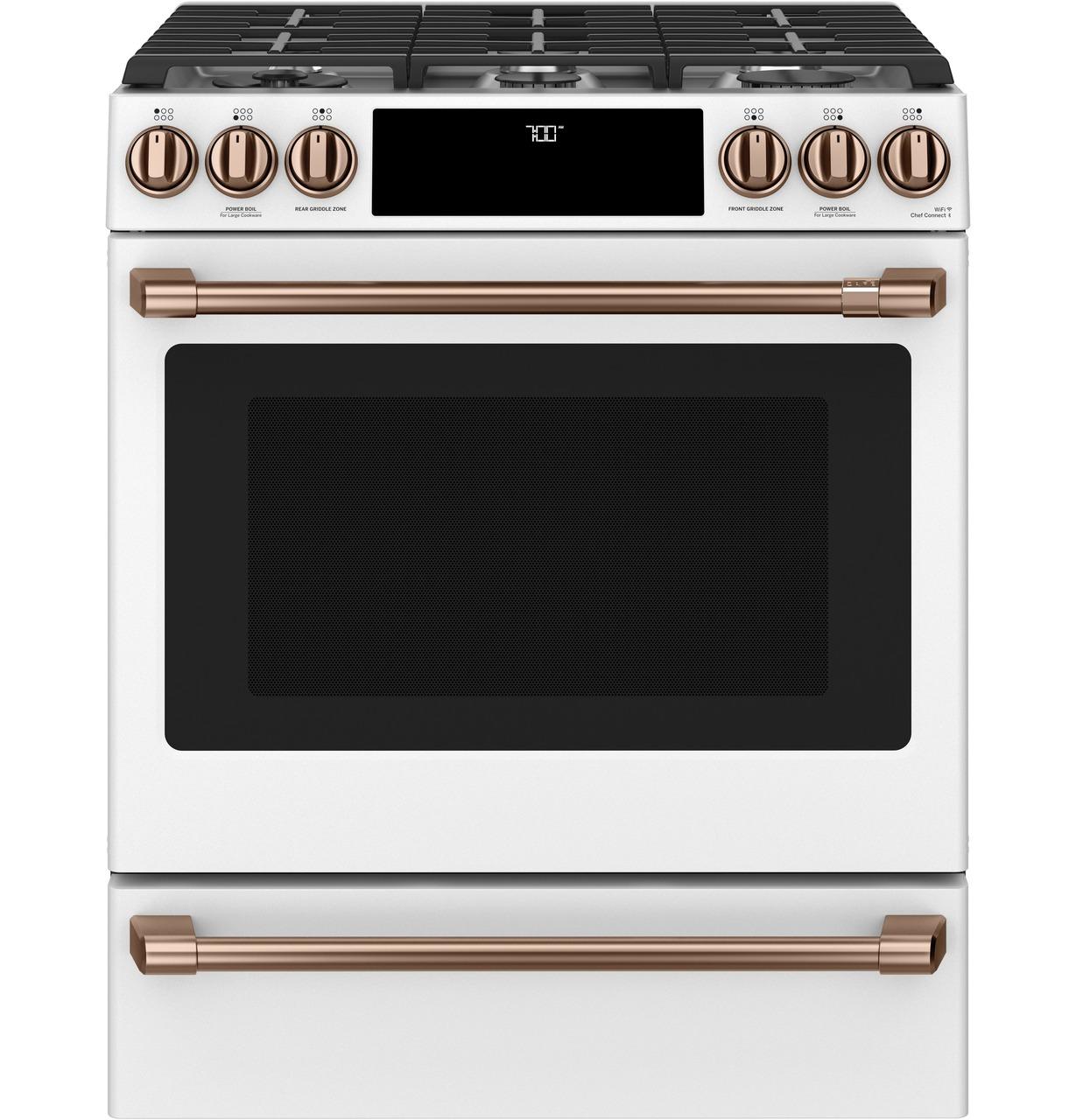 Cafe Caf(eback)™ 30" Smart Slide-In, Front-Control, Gas Range with Convection Oven