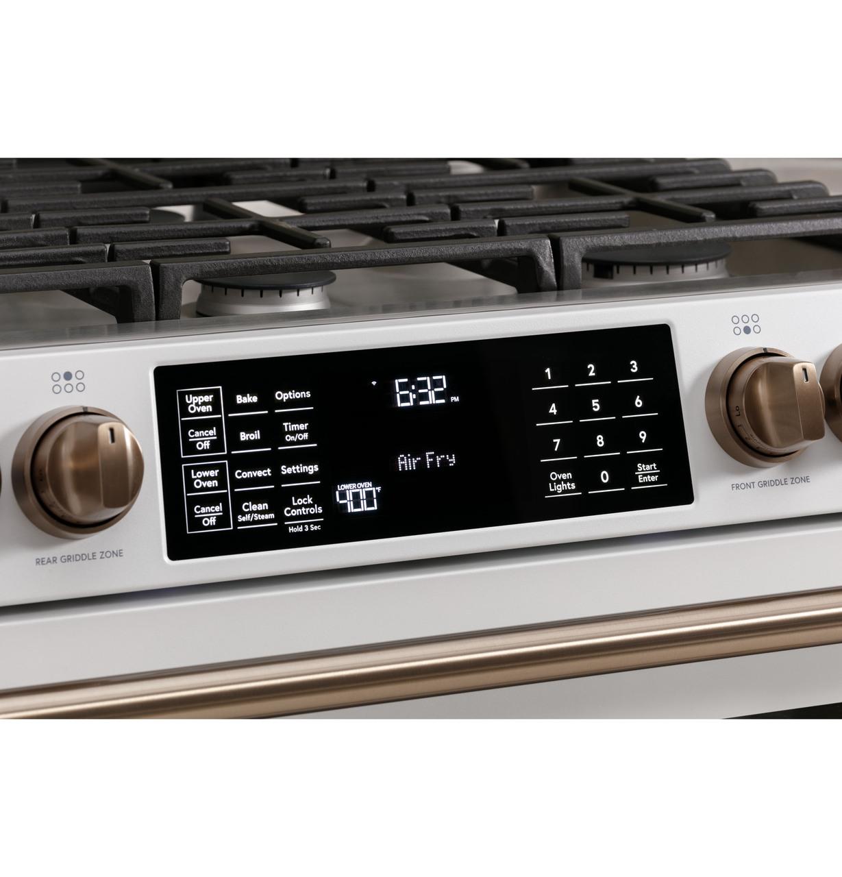 Cafe Caf(eback)™ 30" Smart Slide-In, Front-Control, Gas Double-Oven Range with Convection