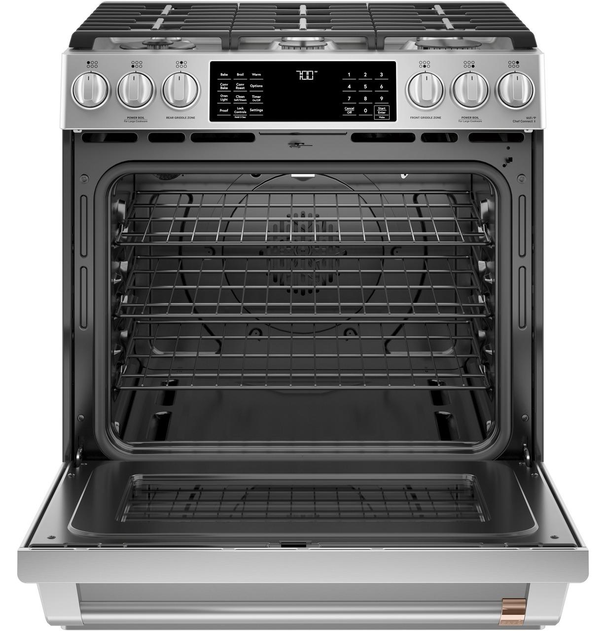 Cafe Caf(eback)™ 30" Smart Slide-In, Front-Control, Gas Range with Convection Oven