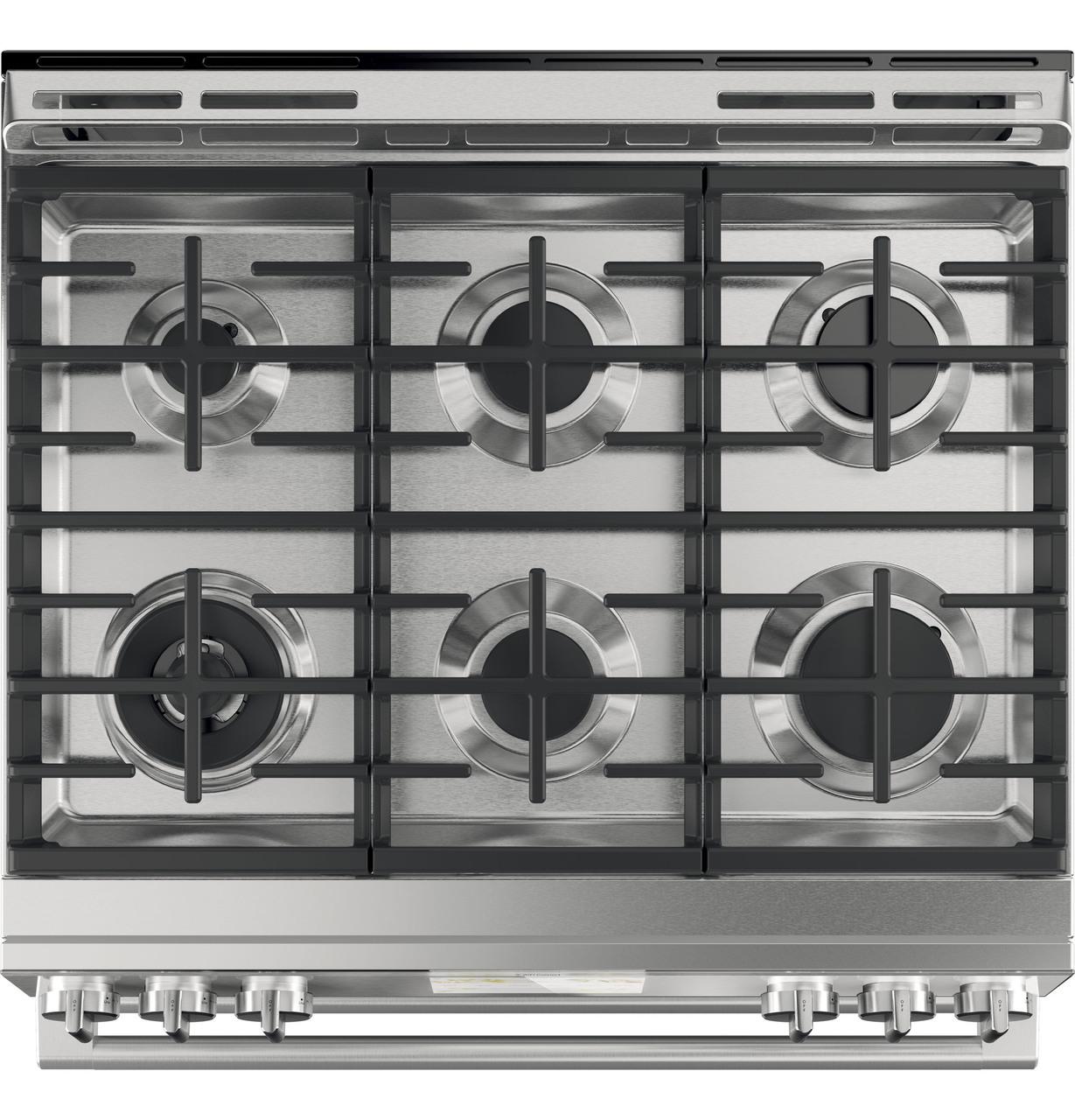 Caf(eback)™ 30" Smart Slide-In, Front-Control, Dual-Fuel, Double-Oven Range with Convection in Platinum Glass