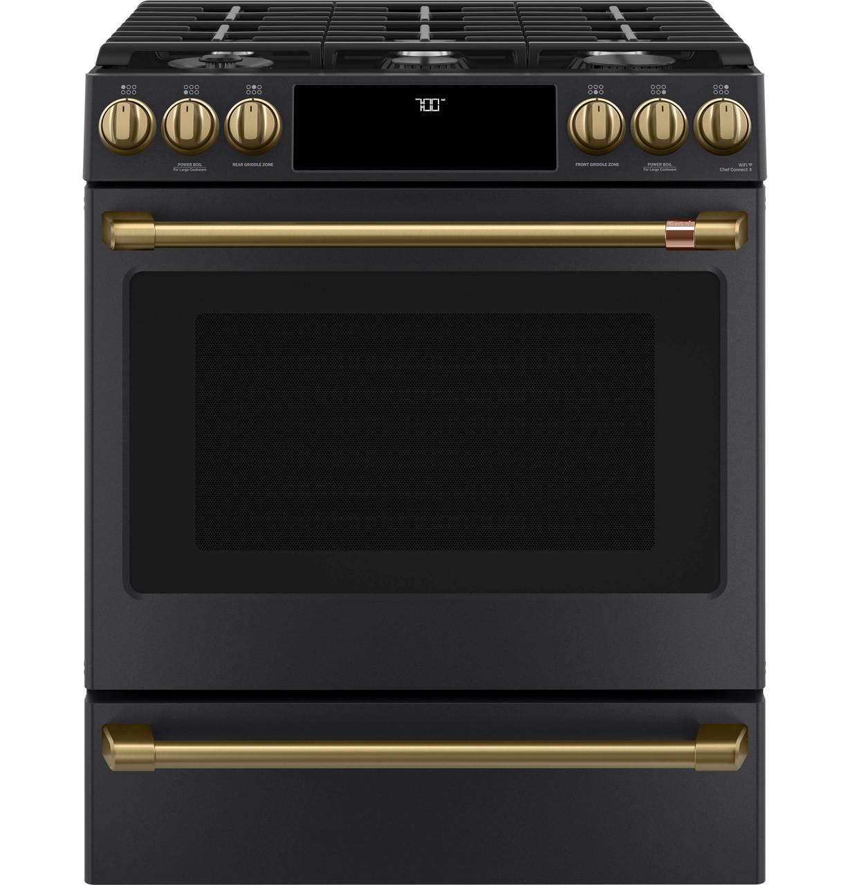 Cafe Caf(eback)™ 30" Smart Slide-In, Front-Control, Gas Range with Convection Oven