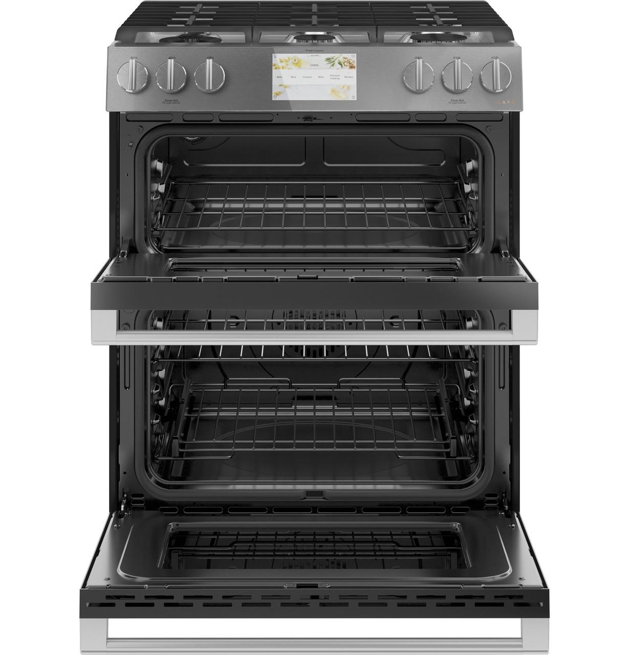 Caf(eback)™ 30" Smart Slide-In, Front-Control, Dual-Fuel, Double-Oven Range with Convection in Platinum Glass
