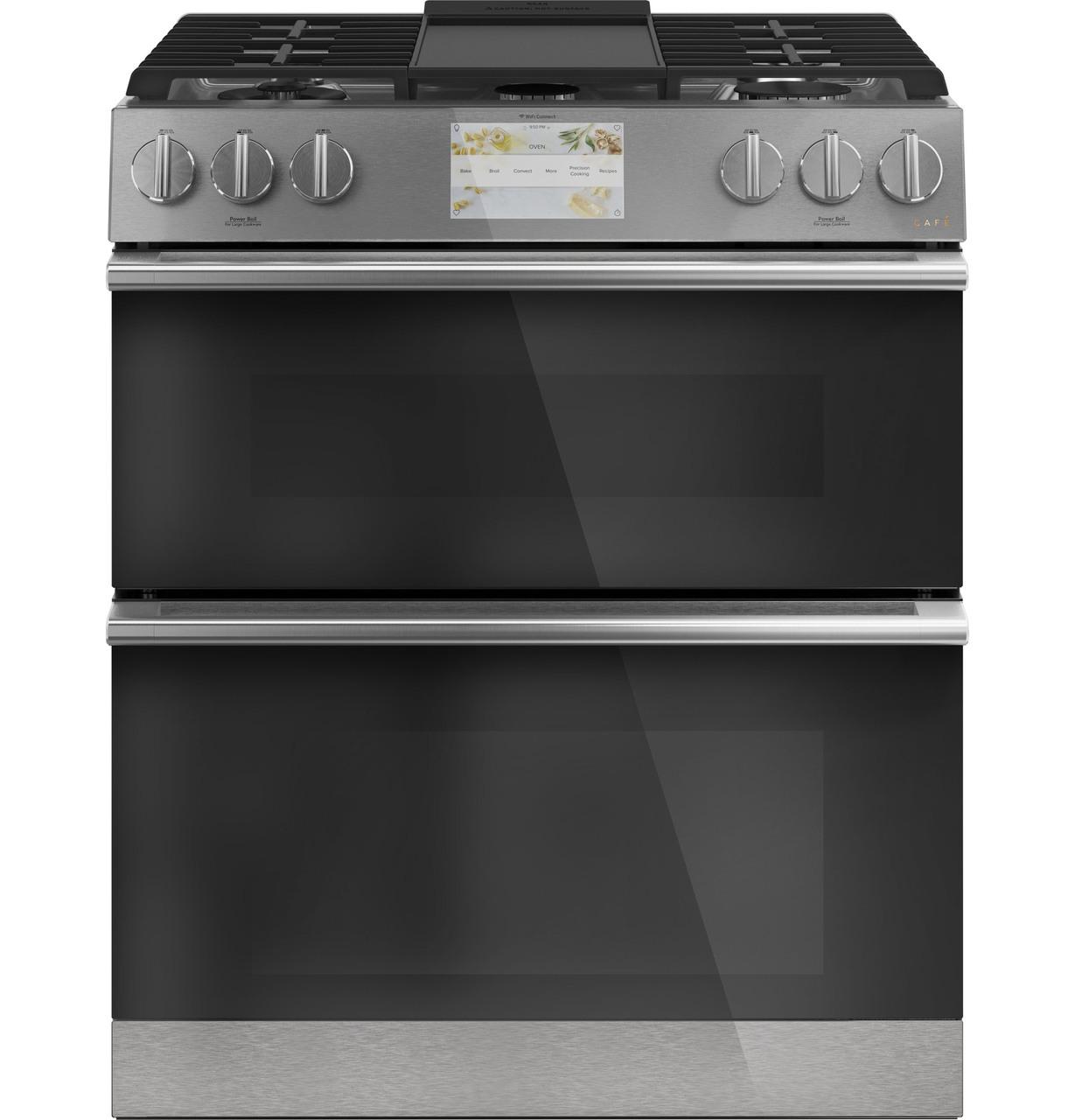 Caf(eback)™ 30" Smart Slide-In, Front-Control, Dual-Fuel, Double-Oven Range with Convection in Platinum Glass