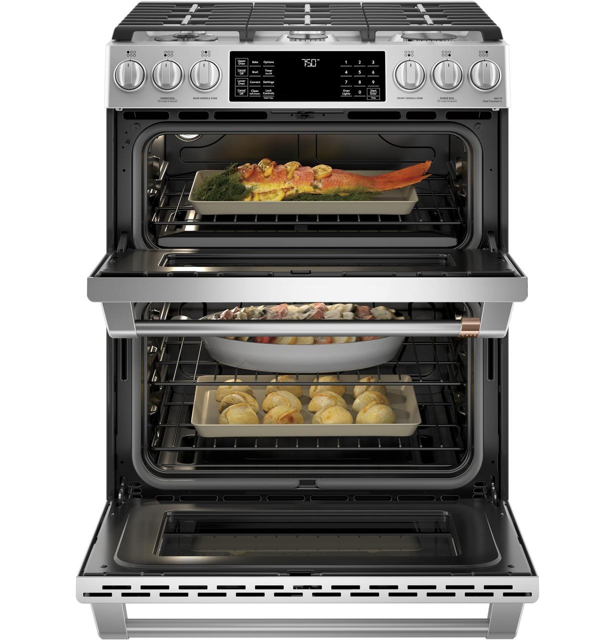 Cafe CGS750P2MS1 CAF(EBACK)™ 30" Smart Slide-In, Front-Control, Gas Double-Oven Range with Convection